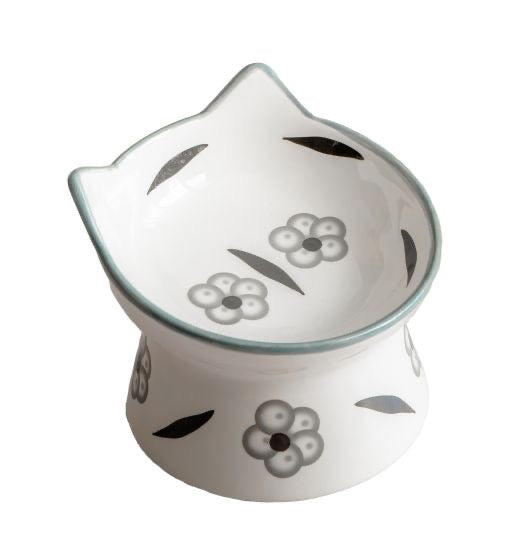 Dexypaws ~ Raised Ceramic Cat Bowl, White And Black Flower Print Cat 7oz