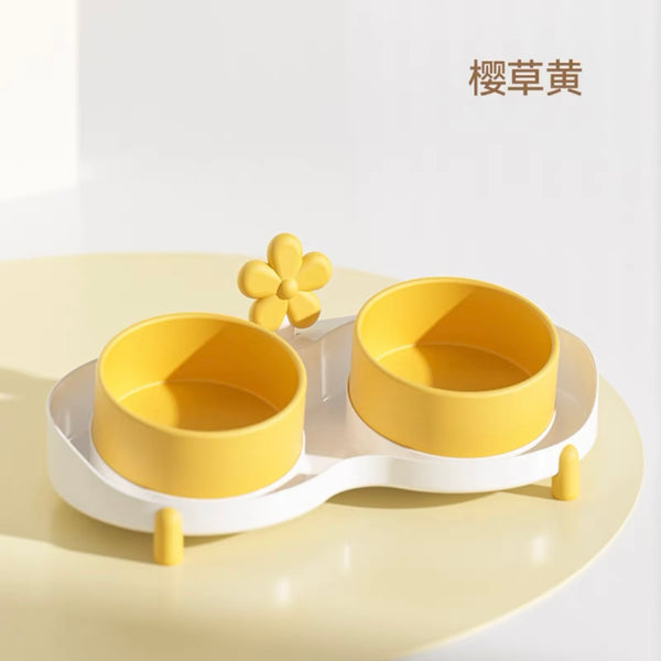 Yellow Dual Bowls with Flower