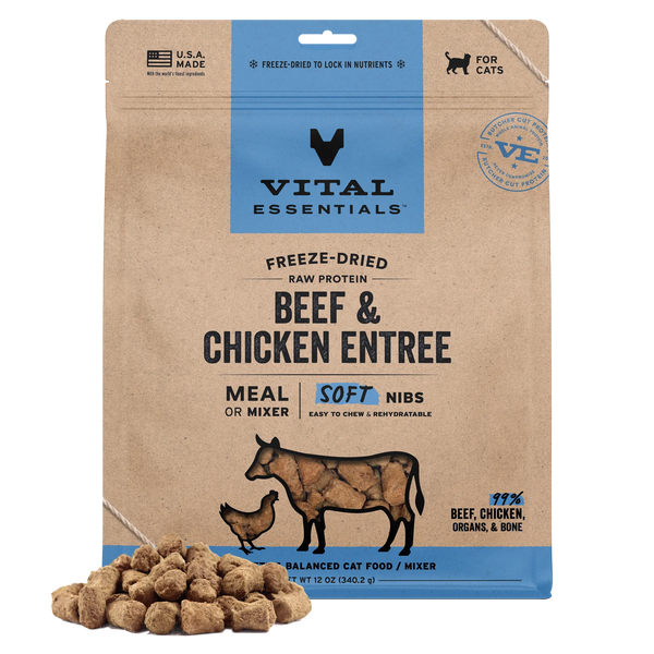 VE ~ Freeze-Dried Raw Beef & Chicken Entree Cat Food Soft Nibs 12oz
