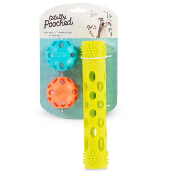 Totally Pooched ~ Huff'n Puff Rubber Ball & Stick Set 3pc